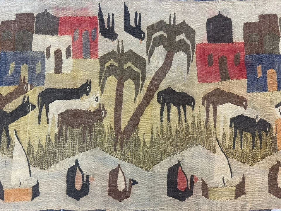 Alfombra Kilim tapiz de lana vintage tejida a mano egipcia pictórica colgante en la pared Foto 3 de 4