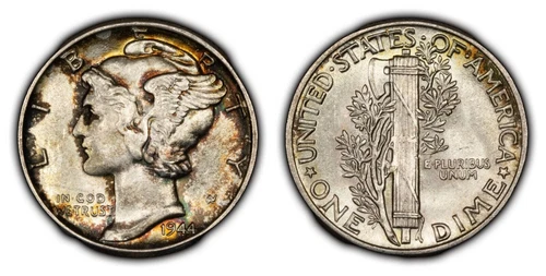 1944 10c Mercury Silver Dime - UNC - Luster - Rainbow Accent Toning - Y4487