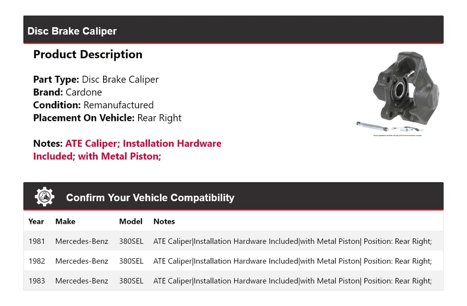 Pinza de freno de disco trasera derecha Cardone 1982 para Mercedes-Benz 380SEL 1981-1983 Foto 2 de 4