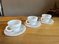 Fire King 6 Piece Bonnie Blue Carnation Milk Glass Tea Cups Mid Century
