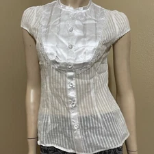 Women’s White Cotton Casual Sheer Striped Lace Satin Buttons Size M Blouse Top