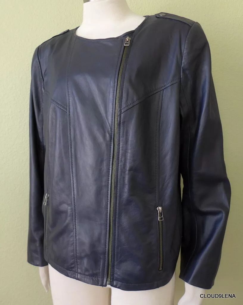 Halogen collarless leather best sale jacket