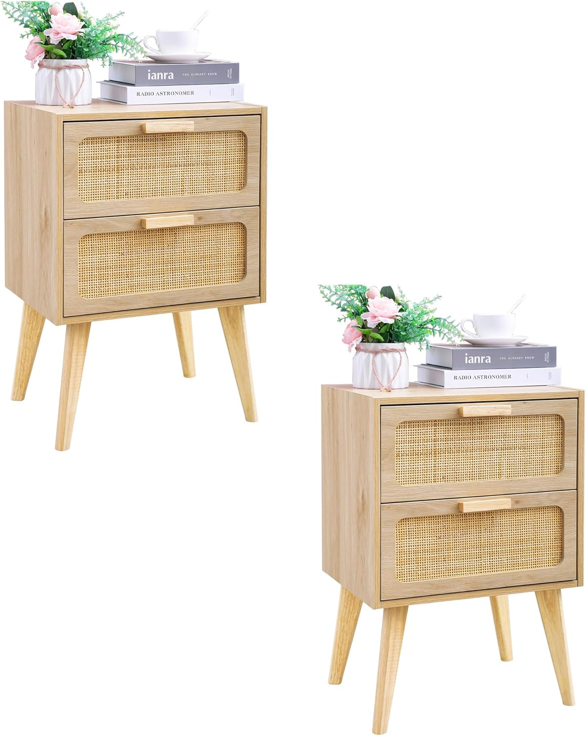 Rattan Nightstand Set of 2,Side Table with Hand Made Rattan Decorated Drawers,Bo