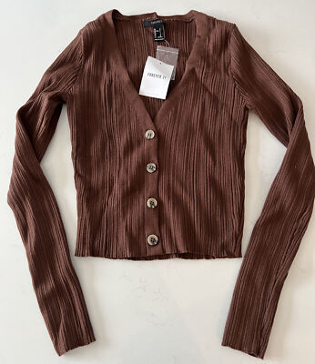 Forever 21 Cardigan Button Up Ribbed Sweater Brown Small S Womens