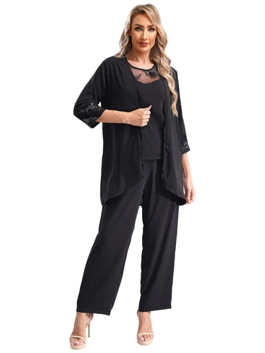 Womens 3 Piece Chiffon Pant Suits Tank Top Cardigan and Pants Evening Outfits - Picture 50 of 95