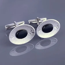 Black Obsidian Sterling Silver Cufflinks Oval Etched Leaves Simple JML Vintage