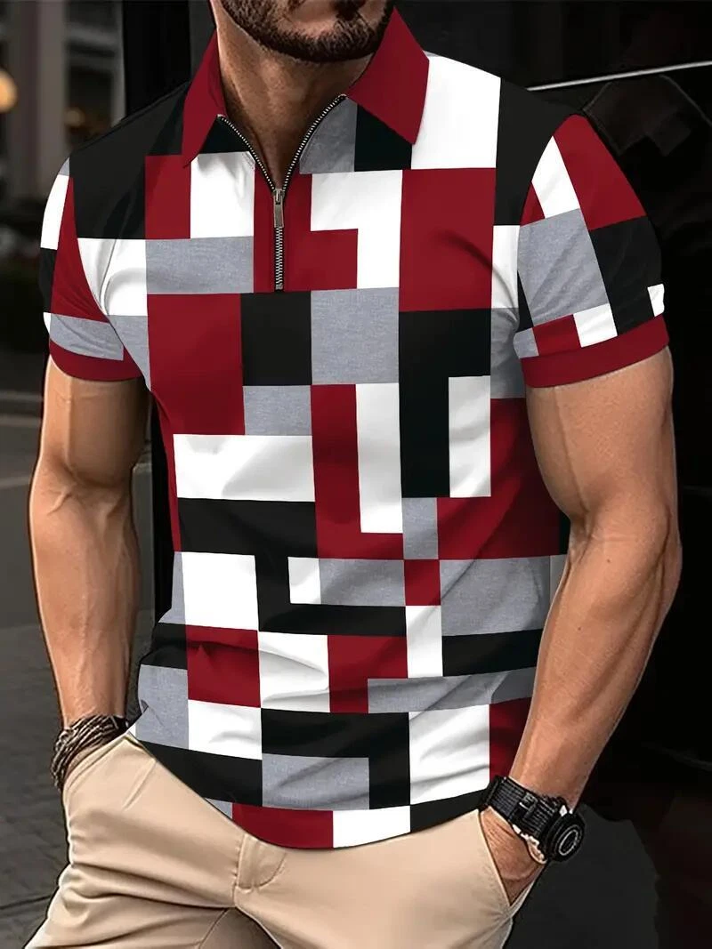 Red Black Block Men Polo T-Shirt Collar Zipper Fashion Short Sleeve T-Shirt New