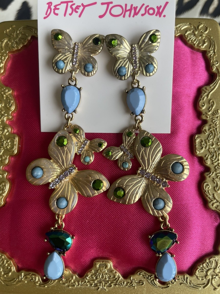 Betsey Johnson Buggin Out Gold Butterfly Turquoise Metallic Green Stone  Earrings