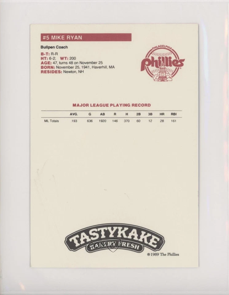 1989 Tastykake Philadelphia Phillies Mike Ryan #5 - Image 2 of 2