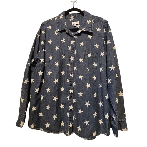 D&Co Denim Stars Button Shirt Womens XL Blue Patriotic July 4th Western Boho
