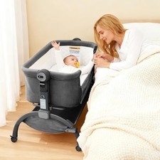 Adjustable Bedside Crib for Newborn with Breathable Mesh, Wheels  Incline, Gray