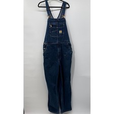 Carhartt Mens 36x34 Denim Bib Overalls Dark Wash Distressed Workwear Utility