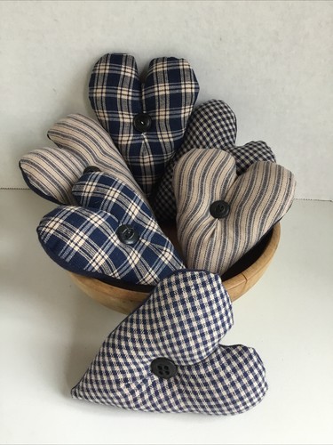 Set of 6 Homespun Navy Blue print fabric Bowl Fillers Hearts Tucks ornies decor