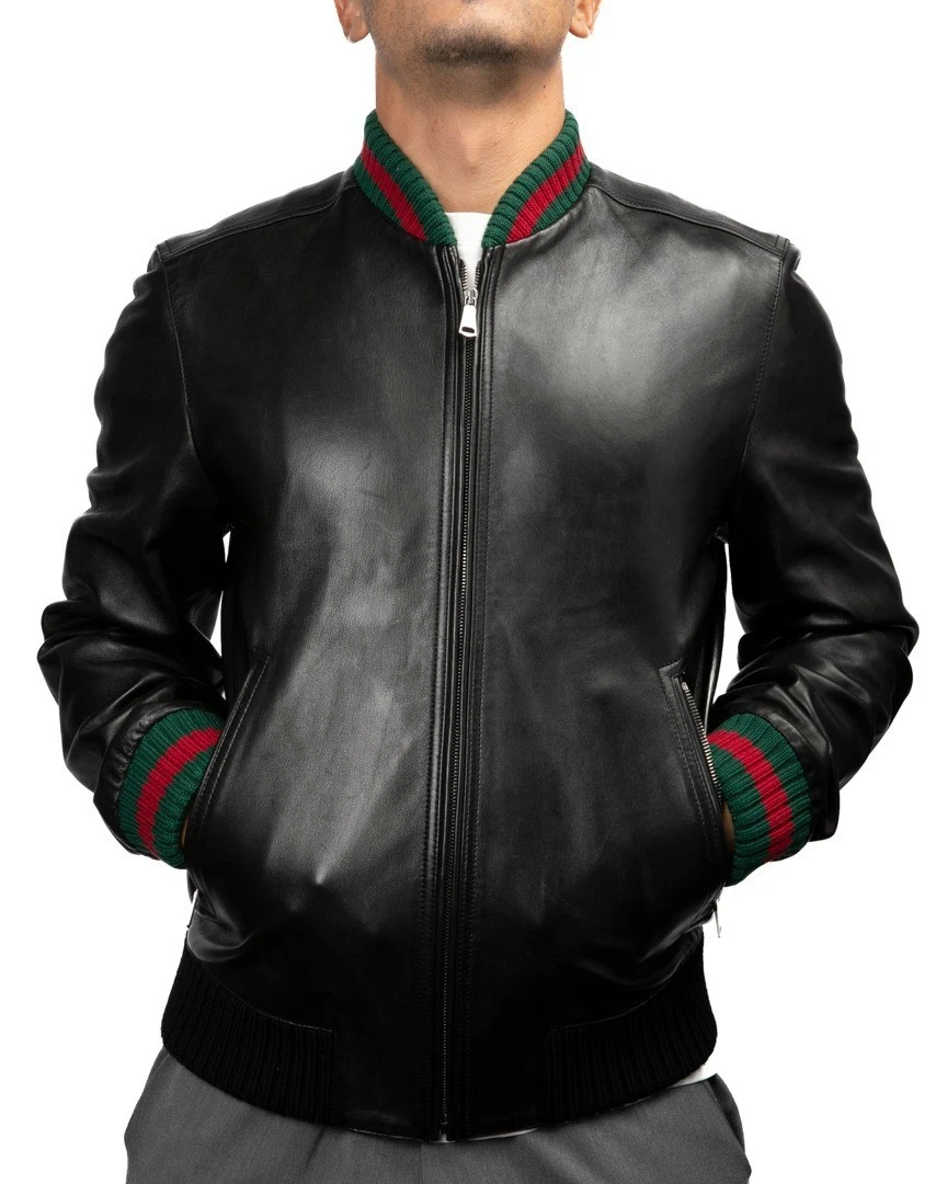 Men Leather Jacket Classic Varsity Bomber Jacket Genuine Black Leather Luxury image 1