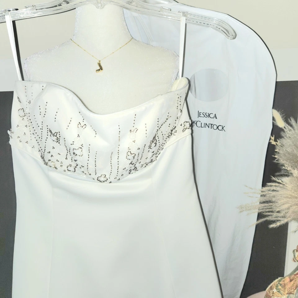 Vestido de novia Jessica McClintock talla 8 - Vestido de novia blanco satinado con cuentas EE. UU. Y2K Foto 3 de 4