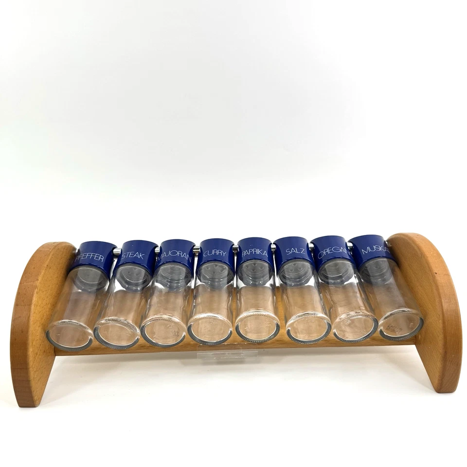 VTG Gewürzregal Holz | 8 Gewürzgläser Blau Glas Küchenregal Wandregal Landhaus - Bild 1 von 4