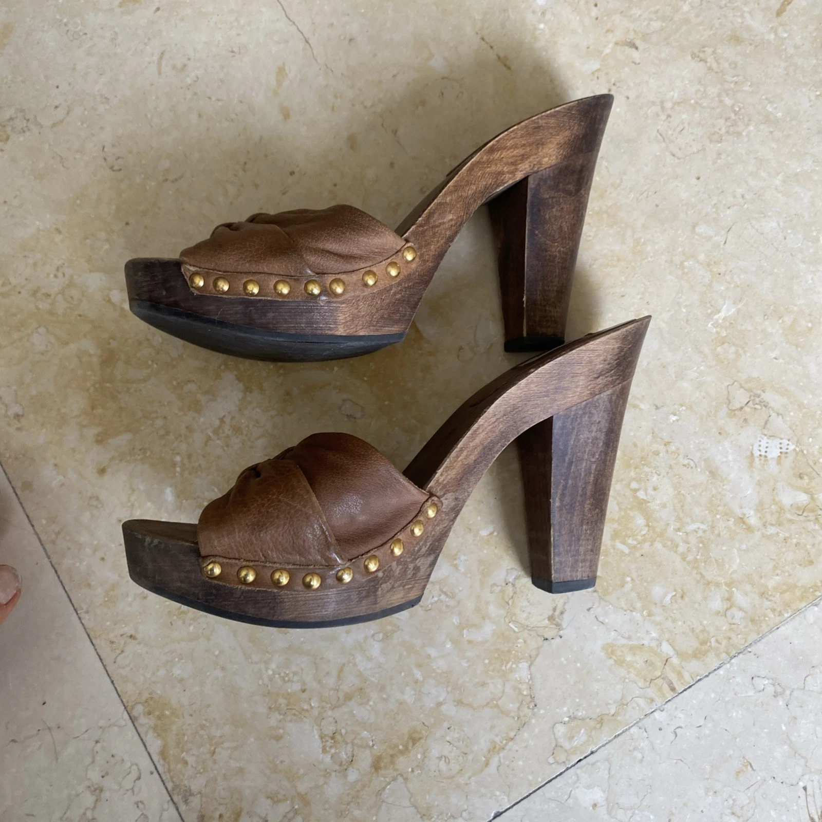 Miu Miu Sandali Donna 7 5 Scarpe Marrone Pelle Zeppa Legno Plateau