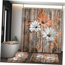 4 Piece Orange Daisy Flower on Rustic Wooden Plank Country Style Shower