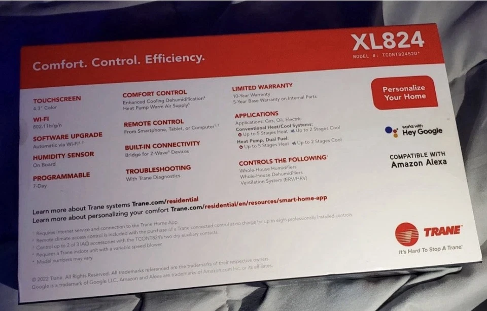 Trane XL824 Connected Control Programmable Wi-Fi Thermostat (TCONT824AS52DC) - Image 2 of 2