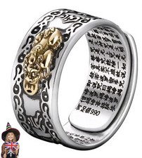 Feng Shui Pixiu lucky wealth silver plated two toned adjustable ring size 10