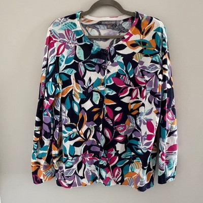 Jessica London Multicolor Cardigan Sweater 100% Cotton Leaf Print Artsy Colorful
