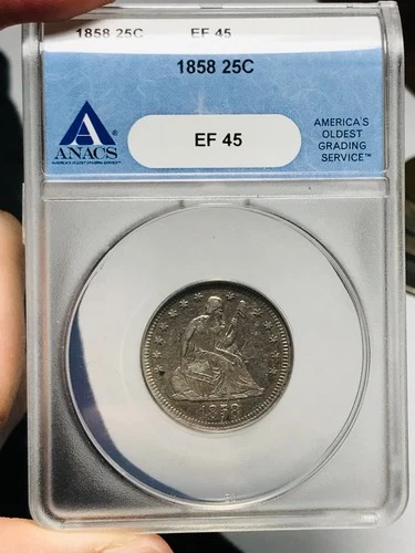 1858 Seated Liberty Quarter 25C ANACS XF45 90% Silver US Coin CC29013