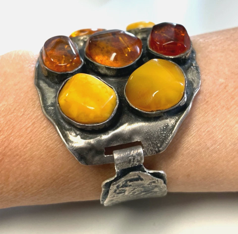 Mega Armreif 925 Silber Silberschmied Unikat diverse Bernstein Cabochons - Bild 2 von 4