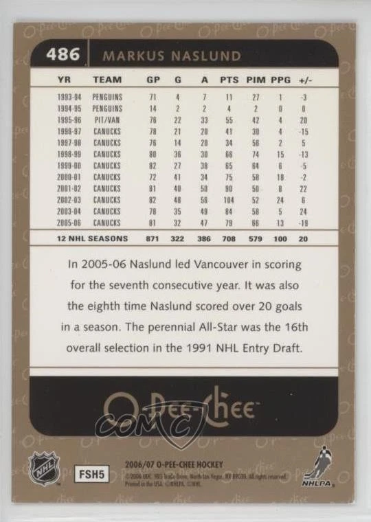 2006-07 O-Pee-Chee Rainbow /100 Markus Naslund #486 - Image 2 of 2