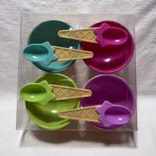 Waffle Cone Ice Cream Set - 4 Bowls and 4 Spoons - Ice Cream Party NEW