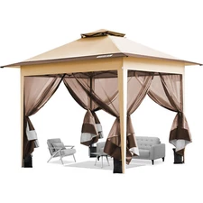 Pop Up Gazebo 10x10ft Outdoor Canopy Tent with Mosquito Netting & 2 Tiers Roof