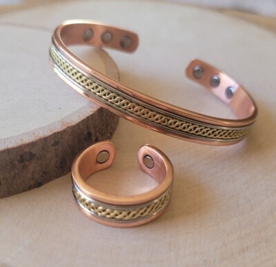Solid Copper Magnetic Bracelet Ring Set 3 Tone Arthritis Therapy Cuff Ring Set