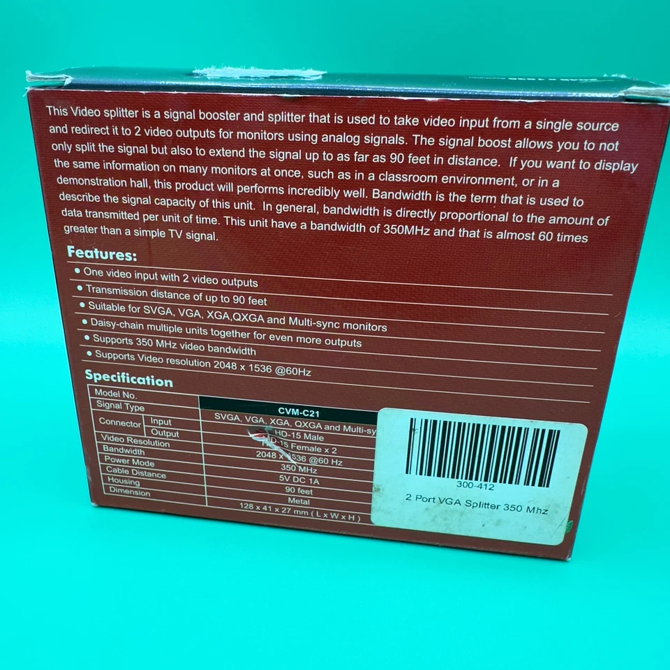 1x2 2 Port VGA HD15 Video Splitter PC Laptop to TV LCD Monitor Display 450MHz - Image 2 of 4