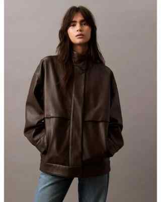 Calvin Klein Women's Brown Leather Bomber Jacket Mulch XS Brand New with Tags