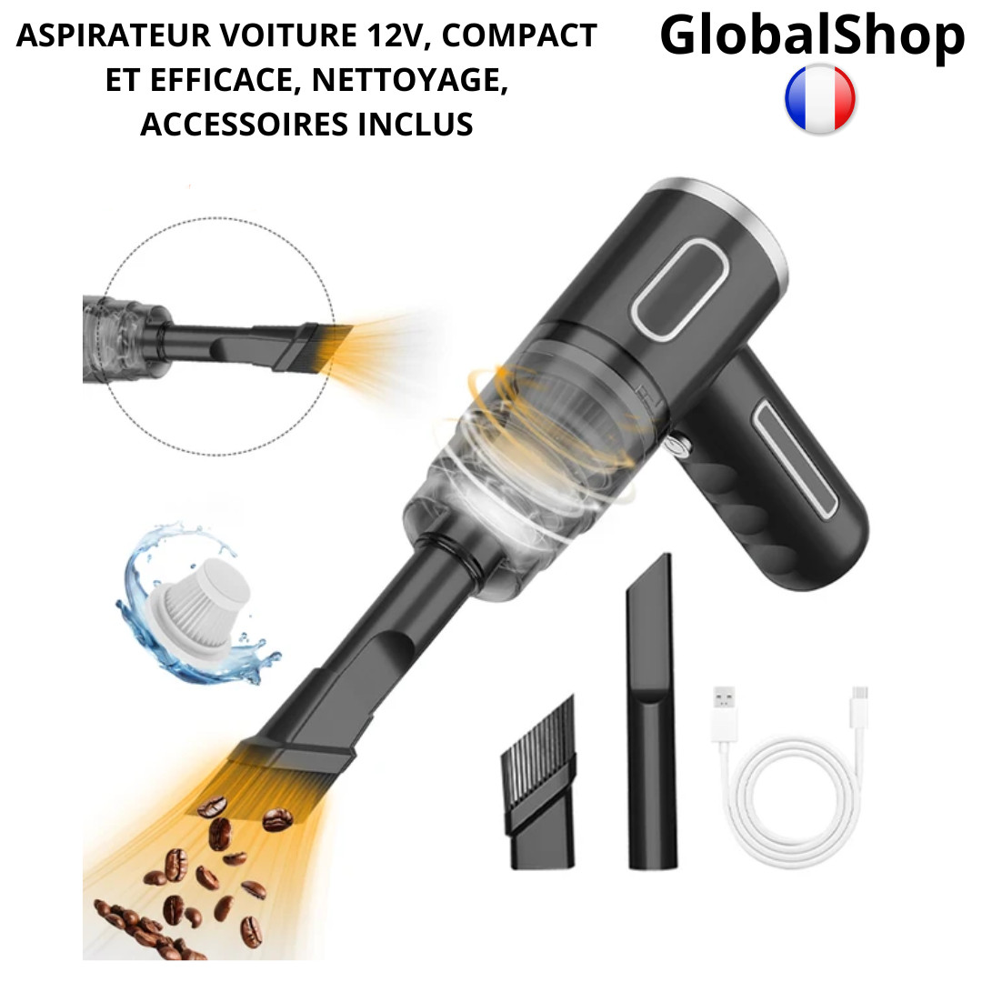 Aspirateur voiture 12V compact noir et bleu avec 3 accessoires de nettoyage pour allume-cigare