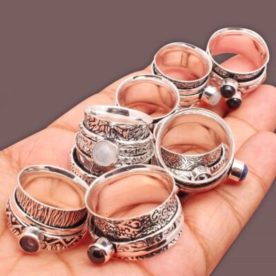 Amethyst & Mix Gemstone 925 Sterling Silver Plated Meditation Spinner Rings Lot