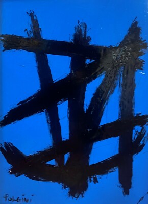 Thomas Pulgini, Listed American Artist, Oil/b ABSTRACT BLACK LINES on BLUE 