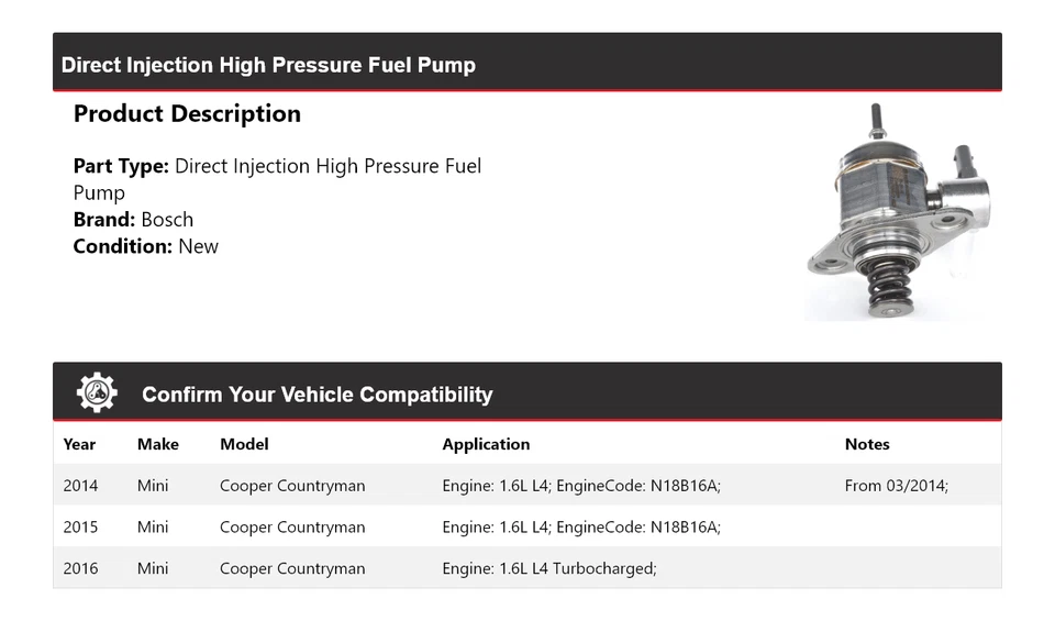 Bomba de combustible HP de inyección directa para Mini Cooper Countryman Bosch 2014-2016 2015 Foto 2 de 4