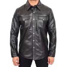 Men's Real Lamb Leather Shirt Full Sleeves Leather Buttoned Front Black Shirt