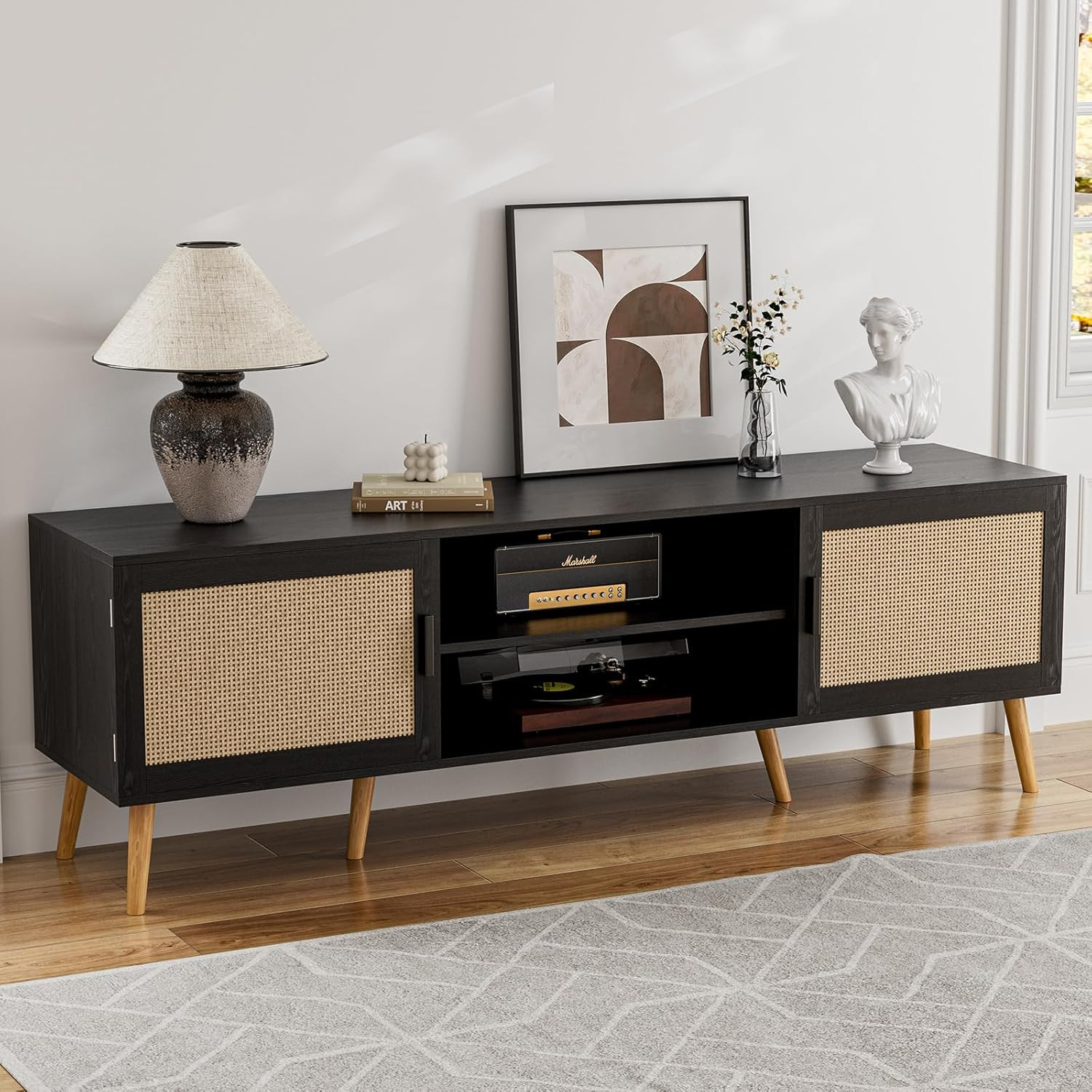 For Tvs Up To 65'', Entertainment Center With Rattan Door, S