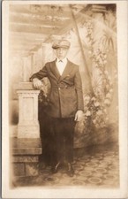 1910s DAYTON, Ohio Studio RPPC Photo Postcard Young Man in Suit & Newsboy Cap