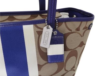 New NWT Coach Hamptons Khaki Ivory Purple Signature Stripe Tote