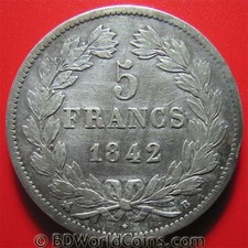 1842-B FRANCIA 5 FRANCHI 0,72 OZ ARGENTO ROUEN ZECCA PECORA FILIPPO CORONA FRANCESE 37mm