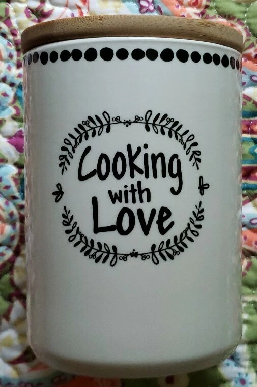 "Cooking With Love" ~ Ceramic/Glass Jar w/Wooden Lid ~ 3.75" Dia x 5.25" Tall