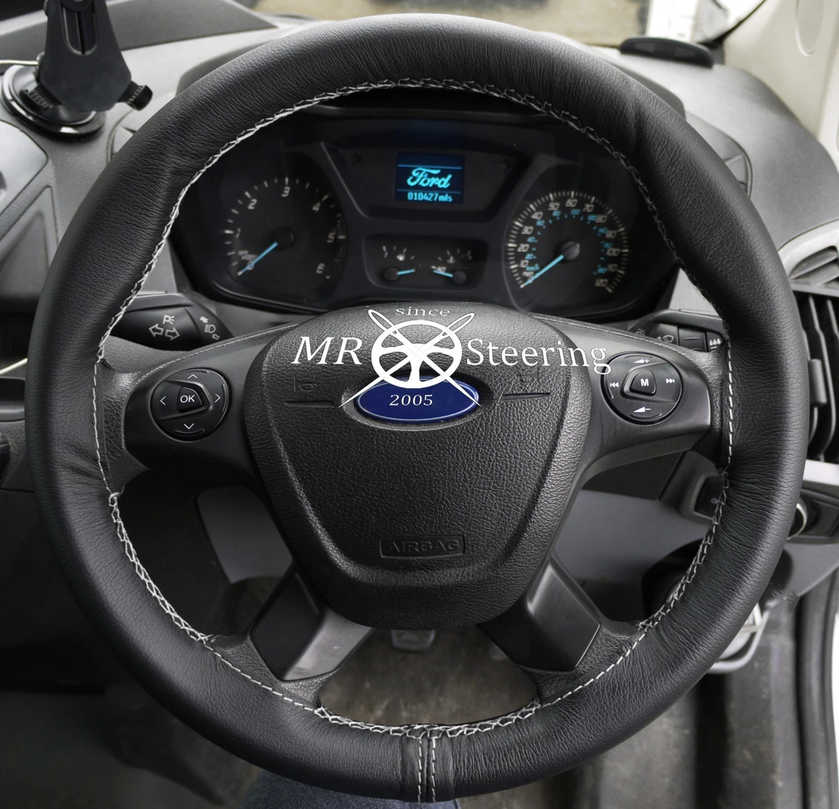 FOR FORD TRANSIT CUSTOM VAN 13 BLACK LEATHER STEERING WHEEL COVER