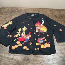 Michael Simon Sweater Womens XL Cardigan Black Fall Pumpkins Thanksgiving Turkey