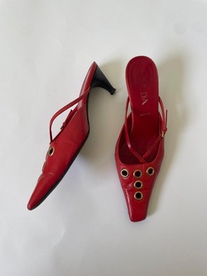 PRADA Vintage Red Leather Kitten Heel Mules Gold Hardware EU 38.5