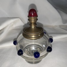  Vintage clear glass perfume bottle, cobalt blue, brass stopper, red glass top