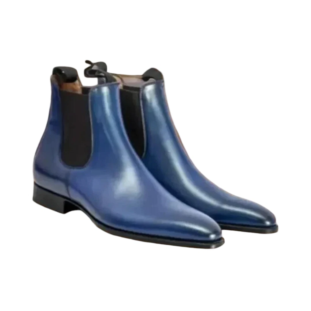 Handmade Blue Genuine Leather Chelsea Pull On Casual Office Dress Boots For Men