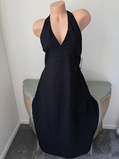 Black Halter Maxi Dress L Smocked Cotton Eyelet Lace V Lined Cottage A Line NWT
