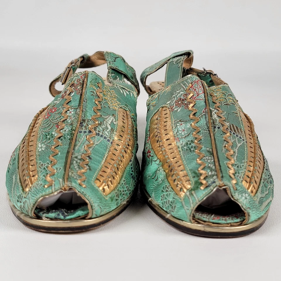 1940S Sweetheart Wedge Shoes With Embroidery Teal Women's Size 6.5 - Image 3 of 4